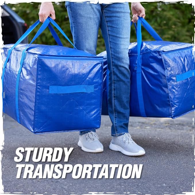 RUGGED RHINO 4 Pack Heavy Duty Extra Large Moving Bags, Durable Bag Strong Handles and Zipper, Moving Boxes Alternative for College Packing, Holiday Décor, Space Saving Storage with Label, Blue/Clear