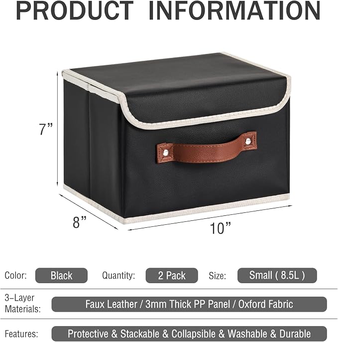 2PCS Storage Bins Box with Lids Decorative PU Leather Fabric Baskets Cubes with Handles PP Plastic Board Foldable Washable Lidded Clothing Shelf Closet Organizer Container (Black, Small)