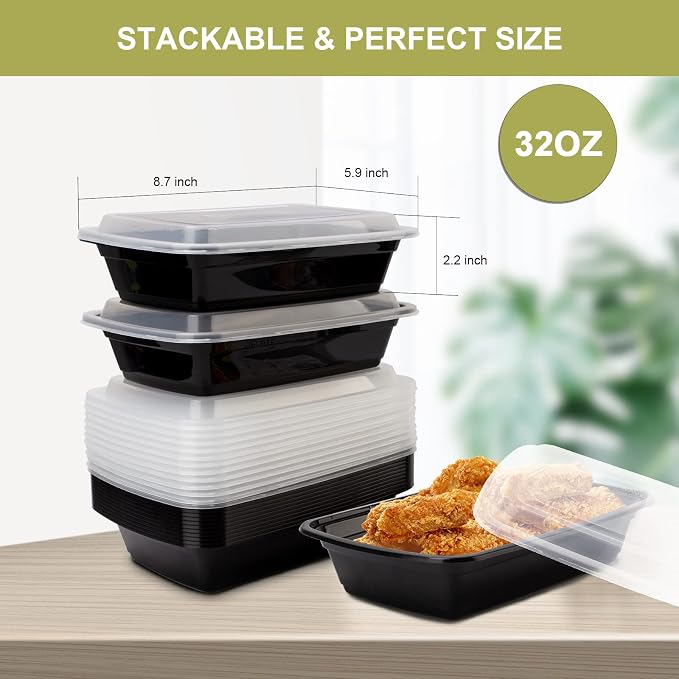 Ezalia 50 Pack- Meal Prep Containers 32oz, Plastic Food Prep Containers Reusable, Leakproof To Go Food Containers with Lids, BPA-Free, Microwave/Dishwasher/Freezer Safe