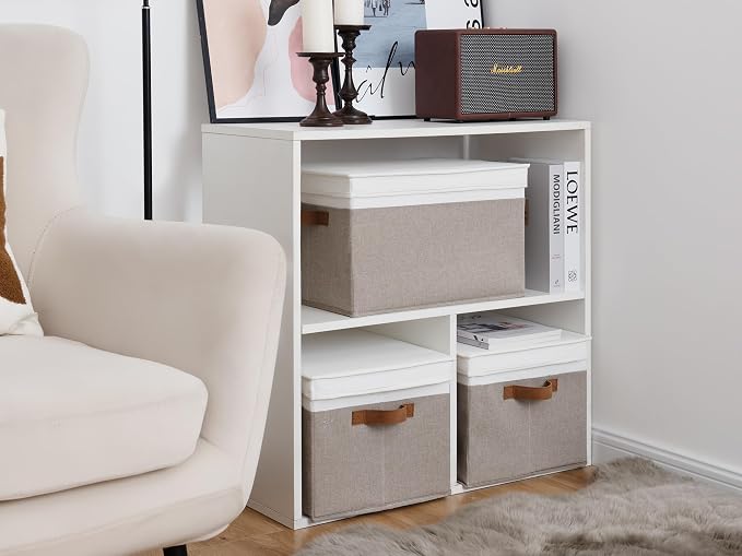 StorageWorks Fabric Storage Bins with Lids, Decorative Storage Bins with PU Handles, Foldable Storage Baskets for Closet, Shelves, Stackable and Sturdy Organization, Brown and White, Jumbo, 3-Pack