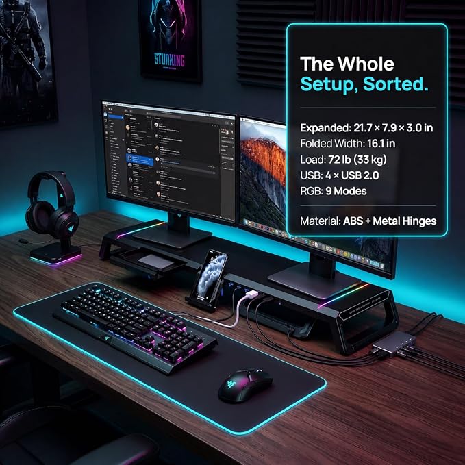 Monitor Stand Riser for Desk, Foldable Computer Monitor & Laptop Stand with Drawer, 4 USB 2.0 Ports, RGB Lighting, Phone & Tablet Holder, 72 lb Capacity (Black)