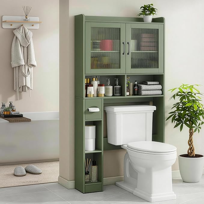 Vabches Over-The-Toilet Storage Cabinet, Farmhouse Style with 2 Acrylic Waves Doors, Space-Saving Home Storage Rack for Restroom, Bathroom and Laundry Room. Green