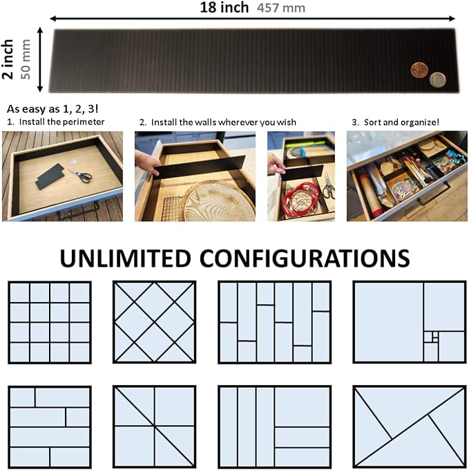 The world’s most customizable drawer organizer. | Adjustable drawer dividers for any size drawer. Custom DIY grid organizer for kitchen, bathroom, desk, and more. 8 PACK