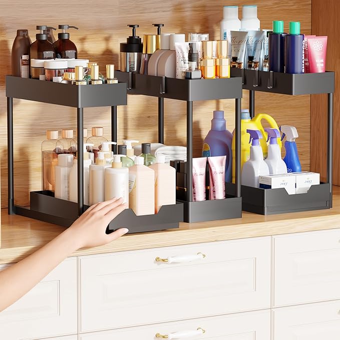 Simple Trending Multi-Purpose Pull-Out Storage Organizers, 2 Tier Under Sink Organizer, Stackable Cabinet Drawers Bins for Kitchen, Bathroom, Closet, Black, 3 Packs