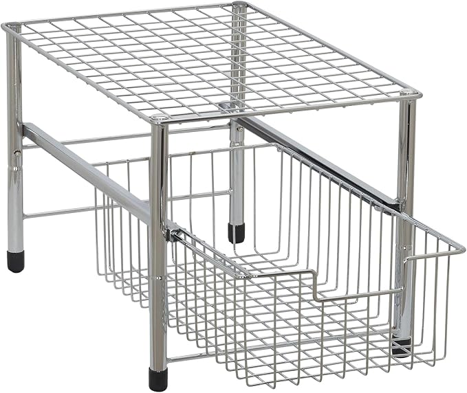 Household Essentials Free Standing Single Basket Sliding Cabinet Organizer with Metal Frame, Silver Finish