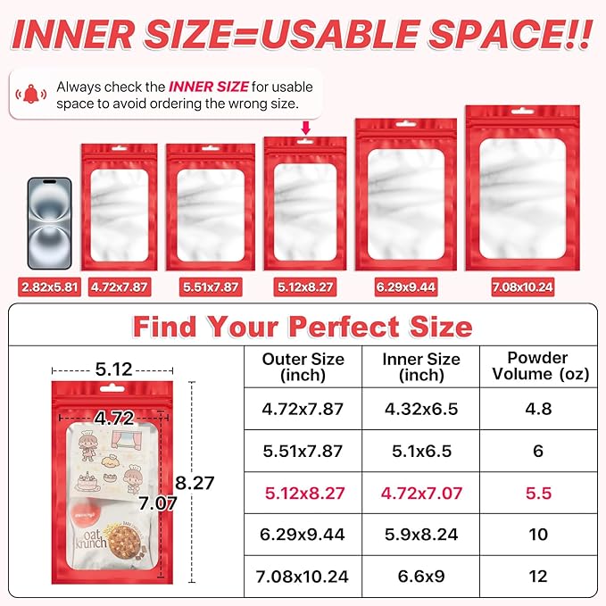 100 PCS Resealable Mylar Bags with Zip and Frosted Clear Window Bags Packaging Bag Foil Pouch Zipper Bag for Food Self Sealing Storage Supplies (Red, 5.12x8.27 inch)