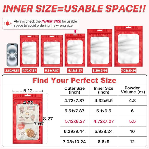 100 PCS Resealable Mylar Bags with Zip and Frosted Clear Window Bags Packaging Bag Foil Pouch Zipper Bag for Food Self Sealing Storage Supplies (Red, 5.12x8.27 inch)
