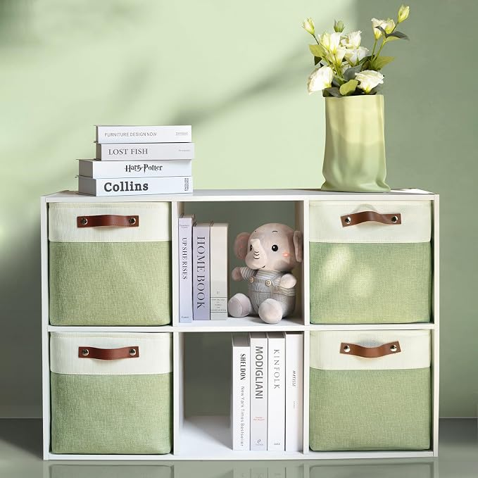 Patvingot Fabric Storage Cubes 13", 4 Pack, with PU Pull Handles,Foldable | For accessories on cube shelves or in closets; reinforced opening, pull-out access, folds flat when empty,white and green