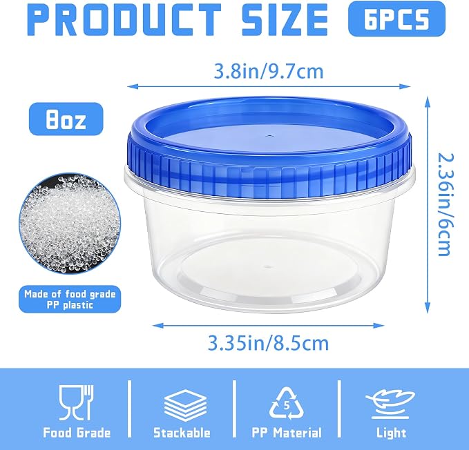6 Pack Freezer Containers with Screw On Lids, 8 Oz Stackable Reusable Plastic Storage Container, Airtight Plastic Food Storage Containers with Twist Top Lids for Food Soup Jello Sauce