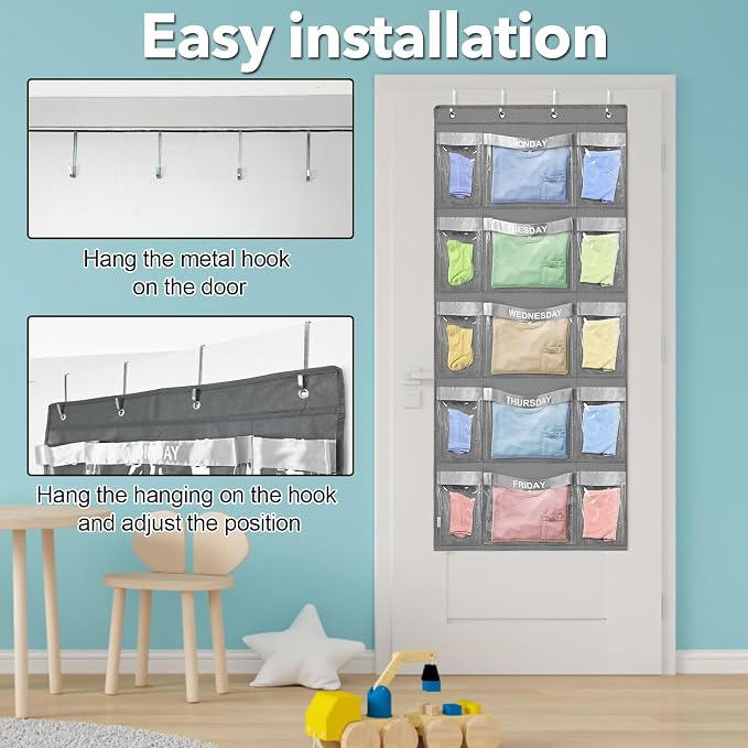 Weekly Hanging Closet Organizer for Kids,Day of Week Kids Clothes Organizer,School Clothing Storage Monday to Friday Hanging Closet Organizer Shelves for Bedroom,Bathroom,Dorm (Grey)
