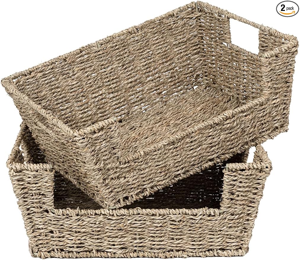 StorageWorks Wicker Storage Basket for Pantry Organizers and Storage, Stackable Seagrass Pantry Baskets for Shelves, 2-Pack