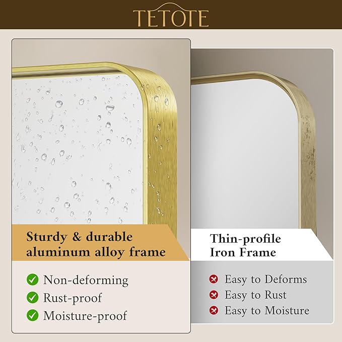 TETOTE 48 x 30 Inch Bathroom Mirror, Brushed Gold Metal Framed Wall Mounted Mirrors, Brushed Brass Rectangle Modern Decorative Vanity Mirror (Horizontal/Vertical)