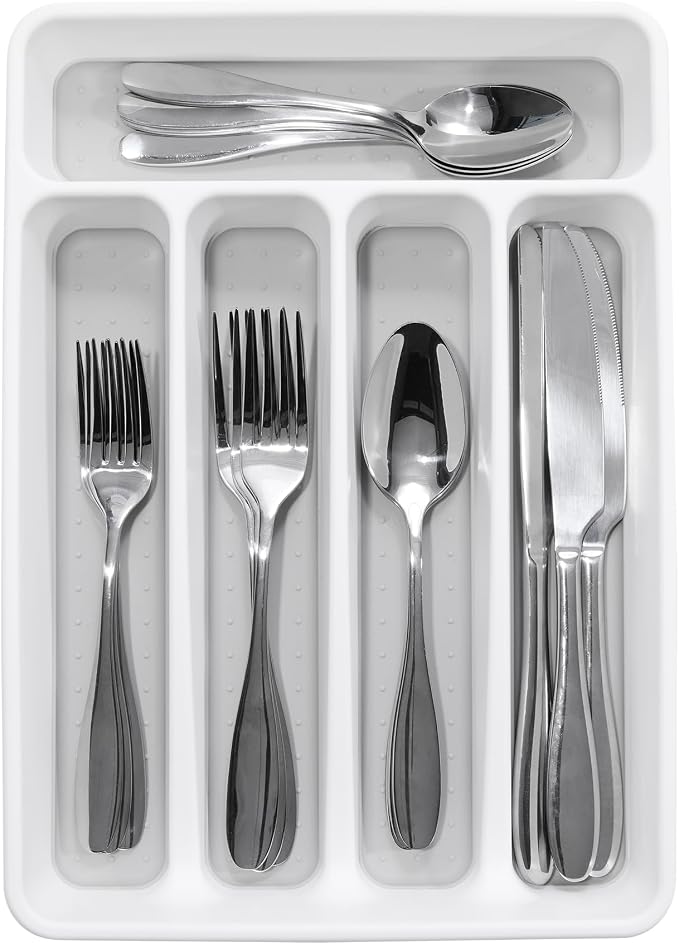madesmart Small Silverware Tray, Compact 5 Compartment Flatware Organizer for Forks, Knives & Spoons, Non Slip, Soft Grip Lining, Fits Small Drawers, White, Classic Mini (Pack of 6)