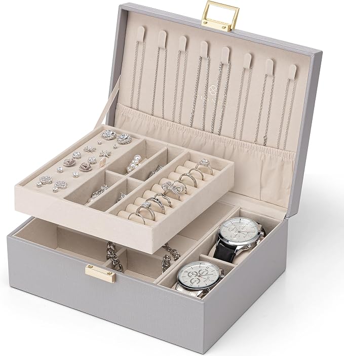 VLANDO 2 Layer Jewelry Box Large Jewelry Organizer for Women Removable Jewelery Tray with Watch Pillow for Necklace Earrings Rings Bracelets Gifts for Couples Mom Friends, Bridesmaid (Grey)