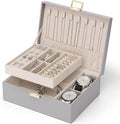 VLANDO 2 Layer Jewelry Box Large Jewelry Organizer for Women Removable Jewelery Tray with Watch Pillow for Necklace Earrings Rings Bracelets Gifts for Couples Mom Friends, Bridesmaid (Grey)
