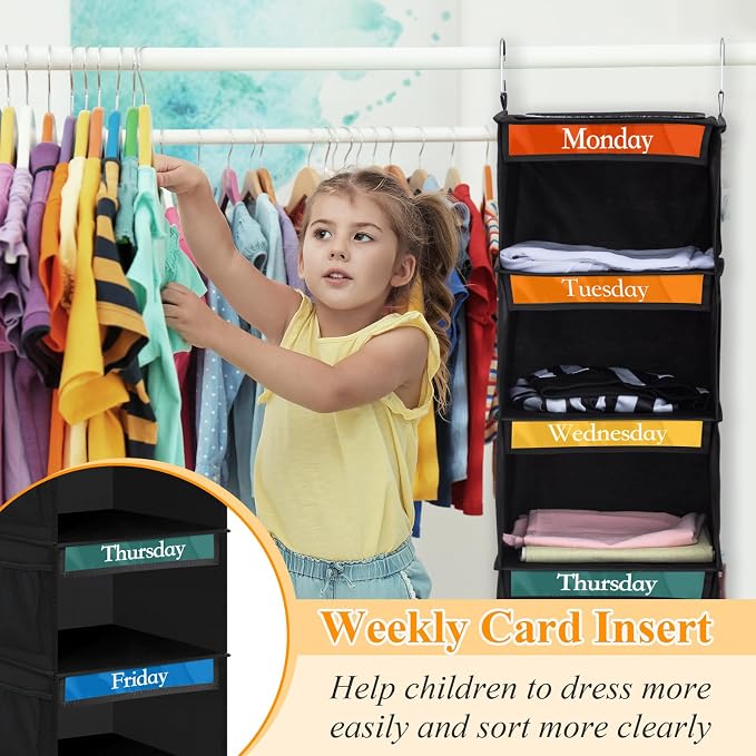 Amylove 2 Pack 6 Shelf Weekly Clothes Organizer for Kids with Side Pocket, 47 Inch Days of the Week Clothes Organizer, Monday to Friday Daily School Outfits Clothing Divider for Kids(Black,White)