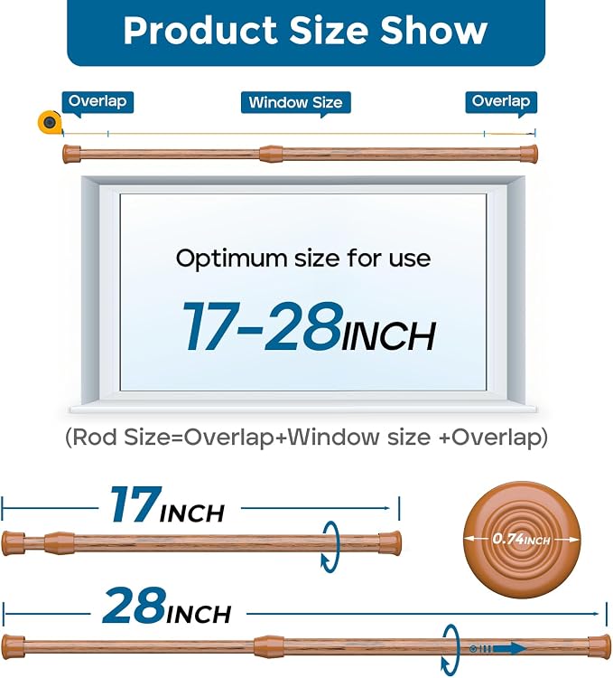 AIZESI Spring Tension Curtain Rods Short Tension Rod (Wood, 16" to 28"-2Pcs, Optimum Scope of Application 16 to 24 inch, Can't Hang Heavy Curtains)