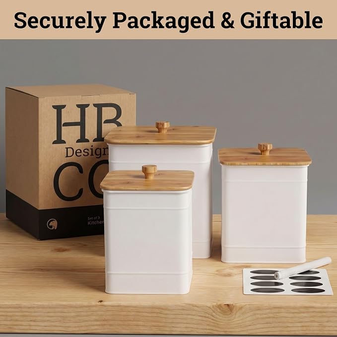 Kitchen Canisters for Countertop Set of 3 w/ Chalkboard Labels & Marker Pen | Airtight Easy Open Bamboo Lids, Dent-Resistant Thick Metal, Customizable Chalkboard Labels, Marker Pen Included, Set of 3