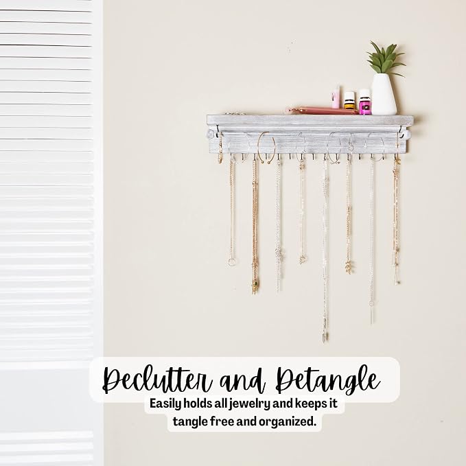 Rustic White Necklace Jewelry Organizer - Wall Mount Jewelry Holder - Mounted Hanging Jewelry Storage Hooks for Necklace, Earrings, and Rings - Farmhouse Wood Decor Bedroom Boho Shelf Rack