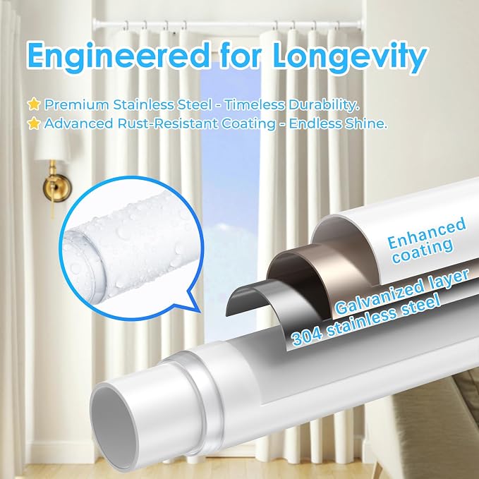 AIZESI Tension Rods for Windows 28 to 48 Inch, 1 Inch Diameter Tension Curtain Rod White Adjustable Non-Drilling, Anti-Slip, Anti-Rust Spring Loaded Curtain Rods Small Shower Curtain Rod
