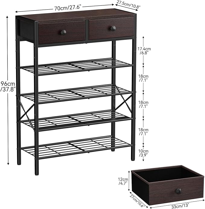 Shoe Rack for Entryway, 5 Tier Shoe Organizer with 2 Non-Woven Drawers, Metal Storage Shoe Shelf for 16-20 Pairs of Shoes, with Wooden Top and Steel Frame, Shoe Stand for Closet Dark Brown
