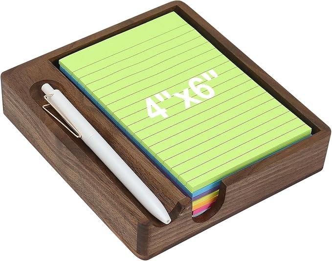 Buqoo Black Walnut Wood Sticky Note Holder with Pen Slot 4x6 Memo Pad | Black walnut wood sticky note holder with pen slot, fits 4x6 memo pads and features U-shaped opening for easy access