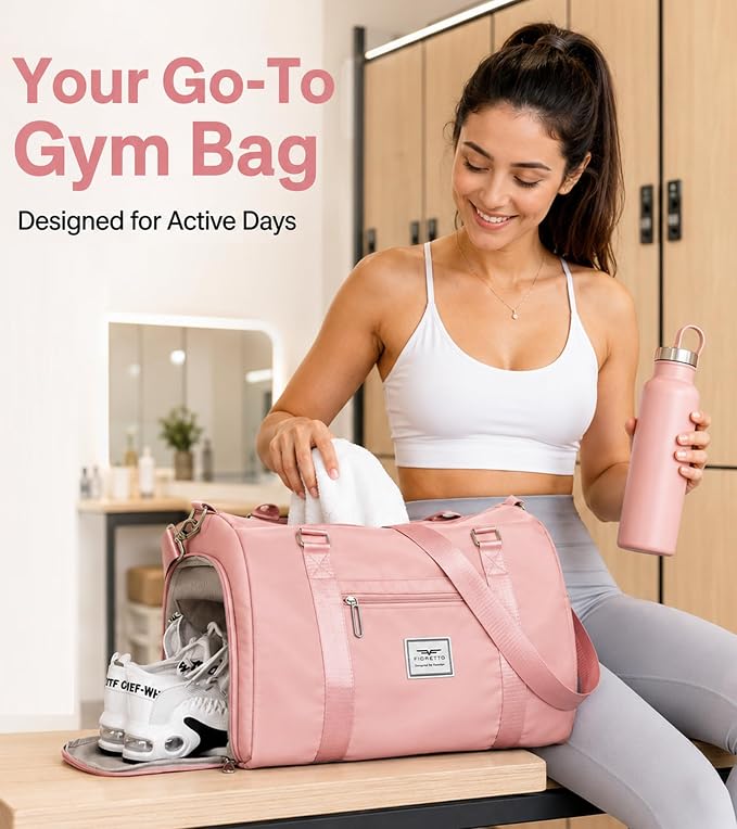 FIORETTO Womens Gym Tote Duffle Bag with Wet Pocket & Shoe Compartment, Sports Duffel Overnight Weekender Hospital Workout Carry on Bag for Girls, Ideal for Travel, Swimming, Dance, Ballet Pink