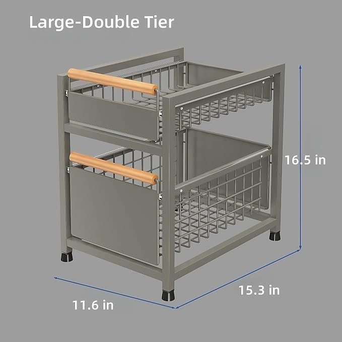 Pull Out Cabinet Organizer, Pull Out Basket Drawers for Cabinets, Slide Out Basket Drawers for Kitchen Cabinets, Under Sink Organizer for Kitchen, Bathroom (Grey Large Double-tier)