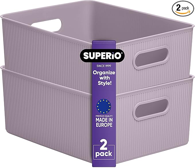 Superio Ribbed Collection - Decorative Plastic Basket Open Home Storage Bins Organizer, Large Lilac Purple (2 Pack) Container Boxes for Organizing Closet Storage Bins for Shelves 15 Liter/16 Quart