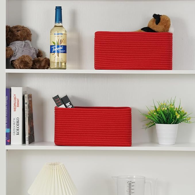 3-Pack Storage Baskets for Organizing | Woven Shelf Toy Basket | Rope Baskets for Gifts Empty | Closet Organizer Bins with Handles | Cube Decorative Box | 13.7×7.1×6.7” | Red