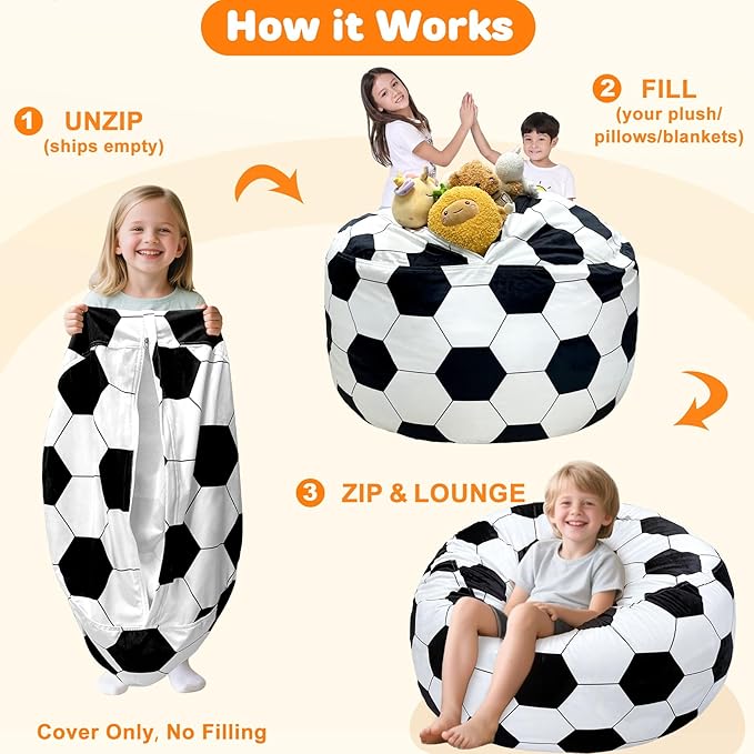 Lukeight Soccer Stuffed Animals Storage Bean Bag Chair Cover Only (Ships Empty, No Filling) - Velvet YKK Zipper Beanbag Cover for Kids Big kids, Washable Plush Toy Organizer, X-Large 30" D x 18" H