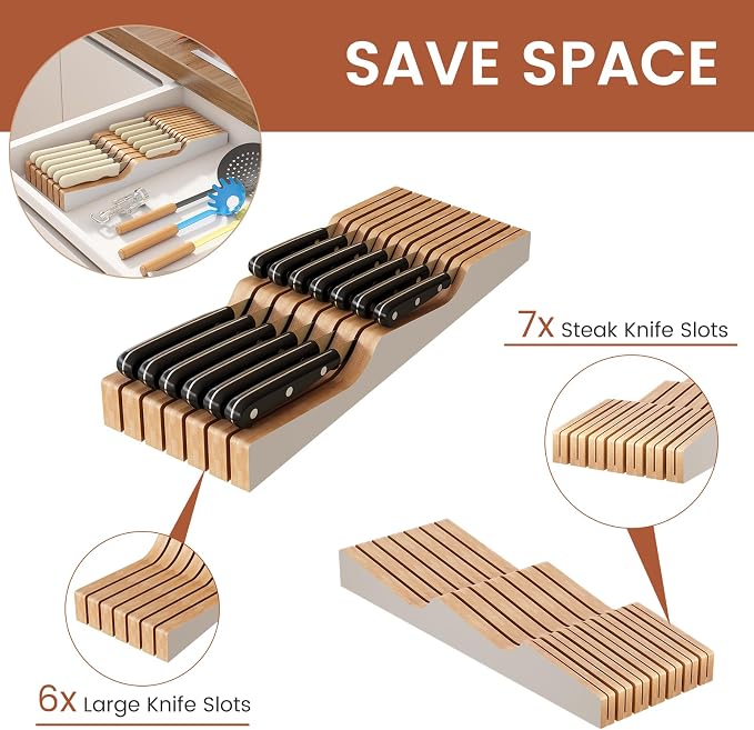 In-Drawer Knife Block Organizer - Bamboo Wood Drawer Knife Organizer-Protecting Knife Organizer Block (Not Included) (White, 13 Knives Dock)