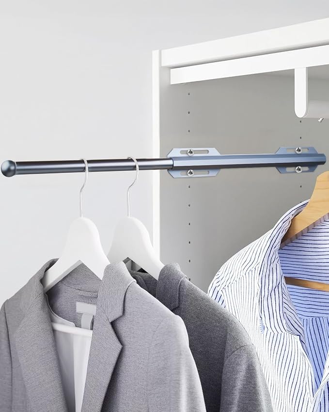 Valet Rod for Closet Pull Out, 12" Adjustable extending closet rod, Standard Retractable closet rod organization rack, Valet Clothing Hanger Rods Extender for Wardrobe Laundry (Blue-Gray Phantom)