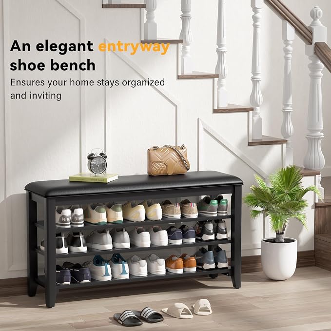 Taitiy Shoe Rack Bench Entryway Storage, Shoe Organizer Bench for Entryway, Ideal for Front Doors Entrances Hallway Mudroom Featuring Rubberwood and 3 Height-Adjustable Removable Shelve