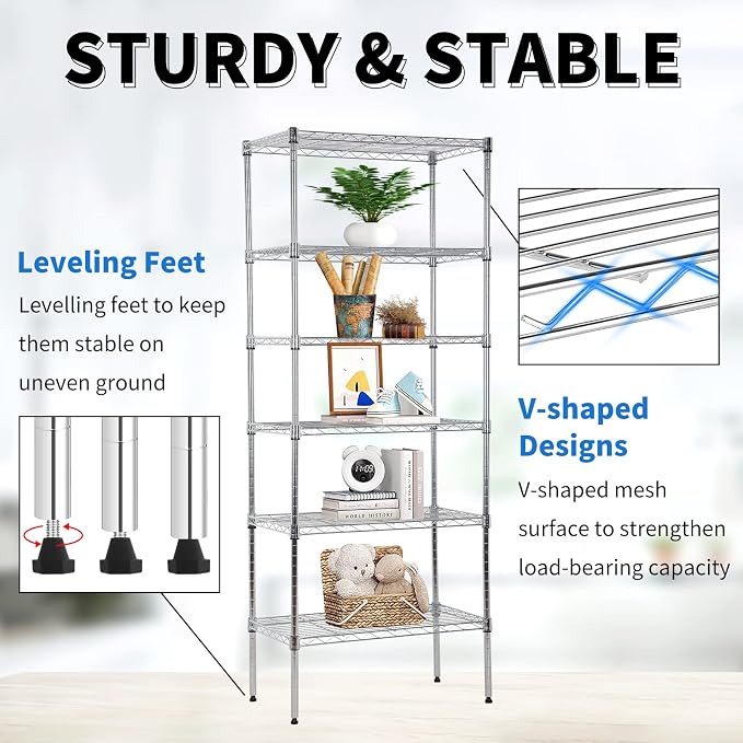 Metal Shelving Unit Detachable Storage Rack with 8 Leveling Feet Adjustable Storage Shelves Wire Shelves for Storage Kitchen Garage, 900LB Capacity, 59" H x 23" L x 13" D, Chrome
