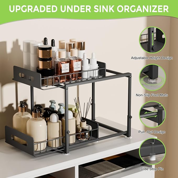 Under Sink Organizer and Storage, 2 Tier Pull Out Under Cabinet Organizer Shelf, Adjustable Height, Thickened Metal Slide Out Under Sink Storage for Kitchen Bathroom Cabinet