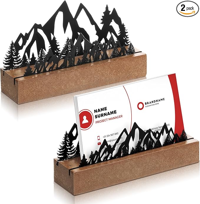 CroBlissful 2 Pcs Mountain Business Card Holders for Desk, Wood&Metal Black Mountain Range Forest Silhouette Business Card Display Stand for Home Office