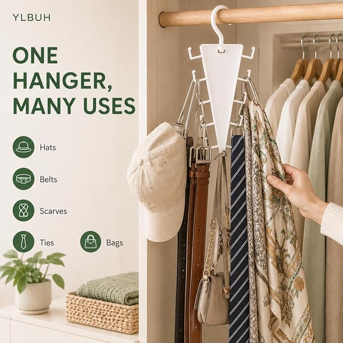 V Shaped Double-Sided Closet Organizer Hanger, 360° Rotating Multi-Layer Vertical Clothes Storage Rack with 12 Hooks, Space Saving Organizer for Hats, Scarves, Belts, Bags and Ties (6PC)