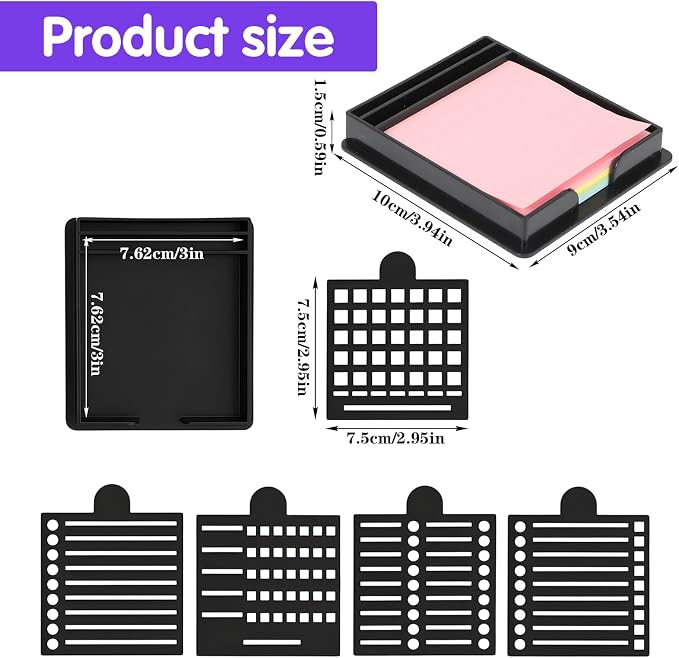 Sticky Note Holder with 5 Interchangeable Stencils, 3x3 Inch Sticky Note Stencil, Reusable Notes Organizer Case, Desk Versatile Notes Dispenser for Office Desk Home Organization Planning List