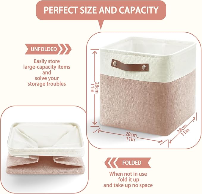 Patvingot Fabric Storage Cubes 11", 4 Pack, with PU Pull Handles,Foldable | For accessories on cube shelves or in closets; reinforced opening, pull-out access, folds flat when empty,white and pink