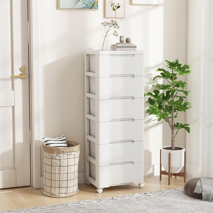 LOKO 7-Drawer Plastic Rolling Storage Cart (16"x13"x45") | Mobile Storage Cabinet | Vertical Storage Tower Container Unit | 4 Universal Wheels | For Living Room, Home Office