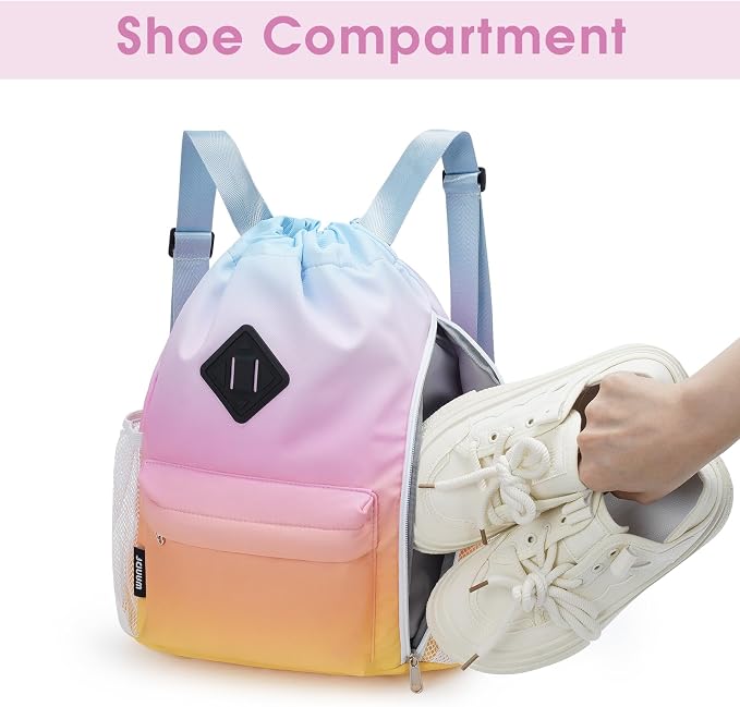 WANDF Drawstring Backpack with Shoe Compartment, Sports Gym Bag | Multi-Pocket Storage, Water-Resistant Fabric, Cinch String Bag