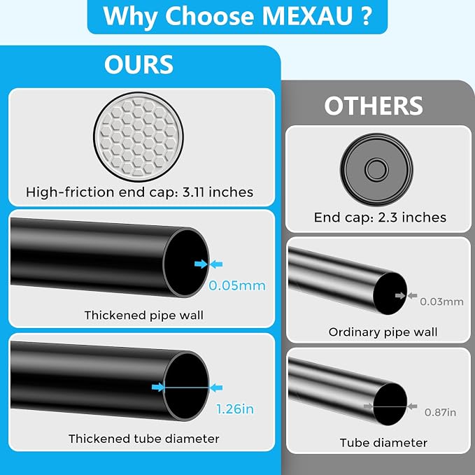 MEXAU Black Shower Curtain Rod 40-183 Inch Adjustable 1.26 Inch Diameter Tension Curtain Rod No Drill, Tension Rod for Window, Bedroom, Bathroom, Outdoor, Room Divider