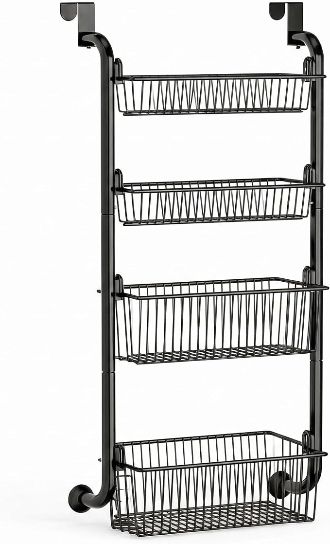Purebox 4-Tier Over The Door Pantry Organizer & Spice Rack, Heavy Duty Deep Basket Storage with Thickened Carbon Steel Frame & Anti-Shake Suction Cups, Hanging Rack for Kitchen Bathroom Laundry