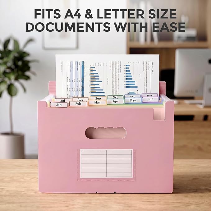 SKYDUE 13-Pocket Expanding File Folder, Accordion Document Organizer with Monthly Labels, A4 & Letter Size for Tax Records, Medical Files, Receipts, Home Office Use Pink