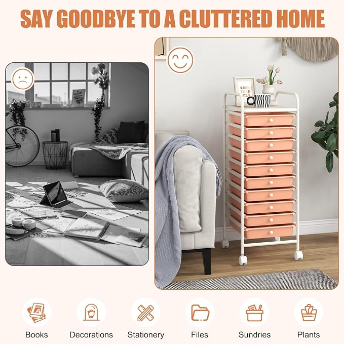 LDAILY 10 Drawer Rolling Storage Cart, Craft Organizer on Wheels, Drawer Cart with Metal Frame & Large Storage Capacity, Rolling Cart with Drawers for Living Room Classroom, Office