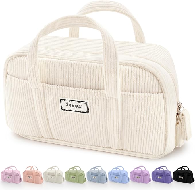Sooez Large Pencil Case Pouch, Extra Big Pencil Bag with 5 Compartments, Pen Bag Wide Opening, Soft Corduroy Pencil Pouch Organizer with Zipper, Cute Aesthetic School Supplies for Teen Girls-Beige