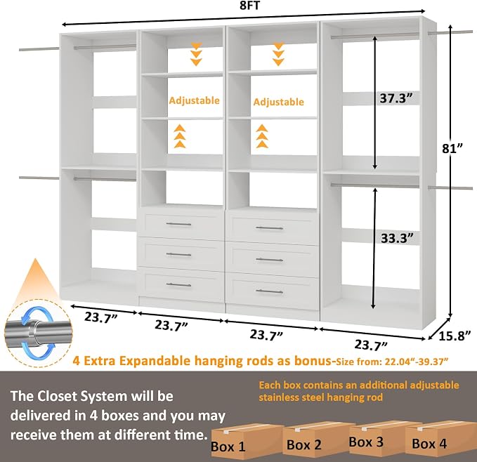 Closet System with 6 Drawers, 8FT-21FT Wooden Organizer System | 81"Tall Modular Walk In Closet System with 8 Hanging Rods&Adjustable Shevles,Standalone Closet System System, 4Set,White