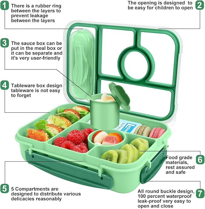 Lunch Box Kids,Bento Box Adult,Lunch Containers for Adults/Kids/Toddler,5 Compartments Bento Lunch Box with Sauce Vontainers,Microwave & Dishwasher & Freezer Safe,BPA Free