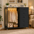 Cyclysio Storage Clothes Rack with 5 Drawers, Garment Rack with Charging Station & LED Lights, Fabric Chest Shelves Clothing Rack, Wooden Portable Wardrobe Closet